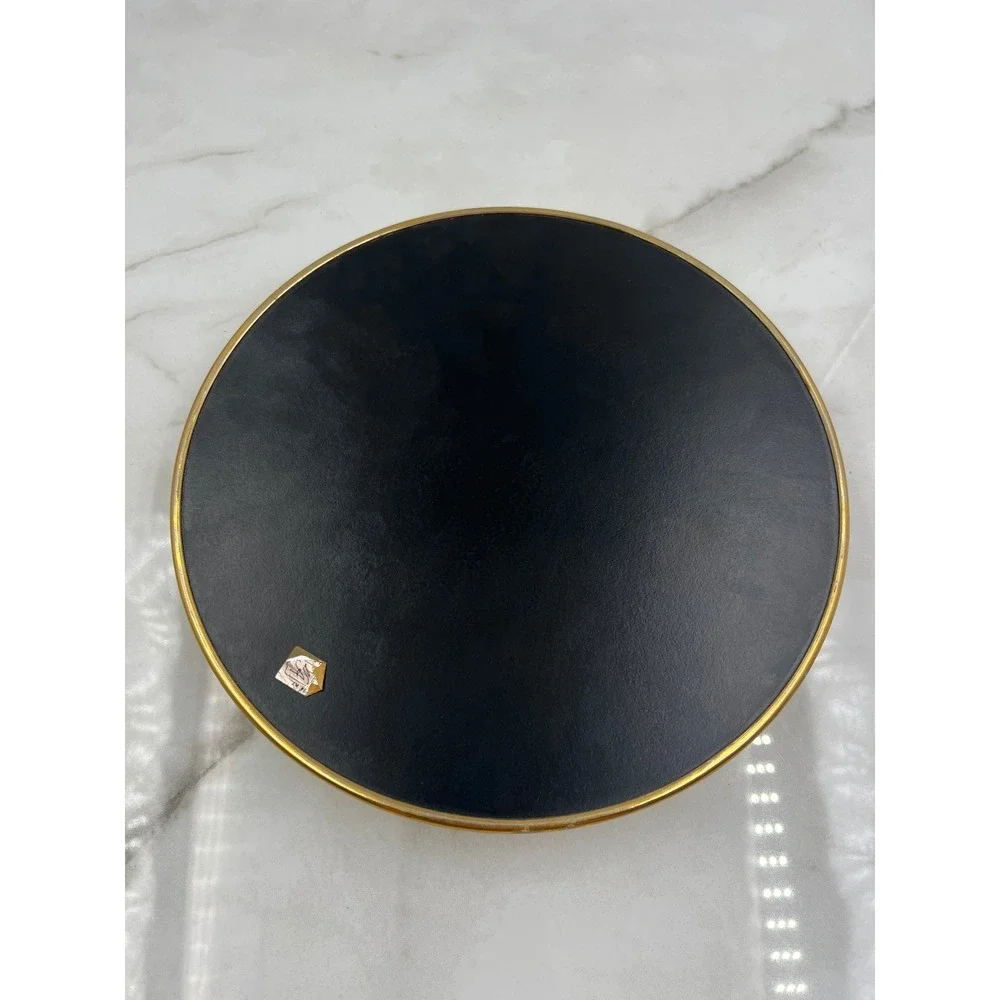 Vintage Gold Ornate Filigree Round Vanity Tray Black Base Hollywood Regency 10in